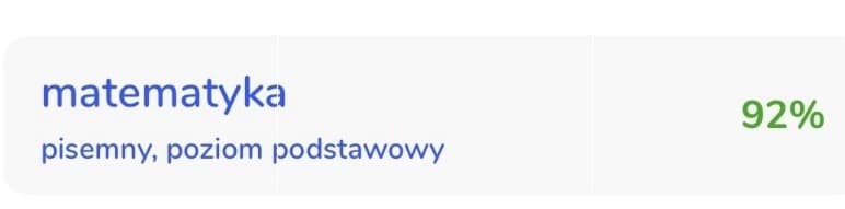 Karta z systemu wyników CKE: matematyka, pisemny, poziom podstawowy, 92%